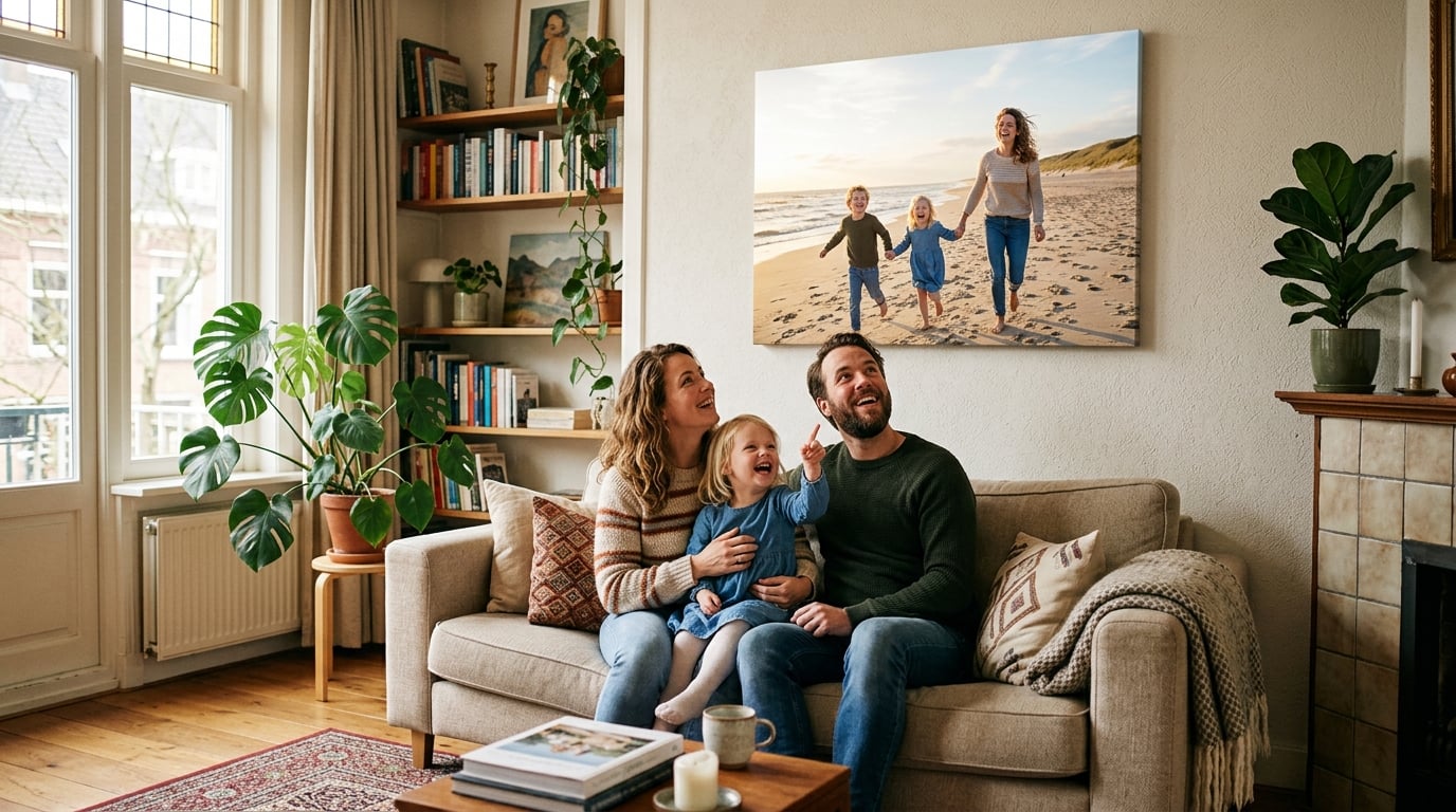 fotocanvas woonkamer inspiratie - A warm and cozy Dutch living room with soft, natural light. A family of three, a mother, father, and a young child, are sitting together on a comfortable sofa, looking up with happy expressions at a large, beautifully printed photo canvas hanging on the wall above them. The canvas displays a joyful, candid family photo from a sunny beach holiday. The focus is on the emotional connection and the warmth of the memory.
