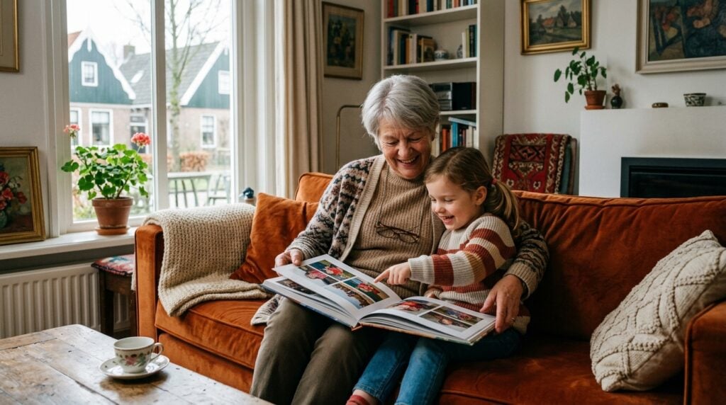 fotoboek maken vergelijken - A warm and cozy living room scene in the Netherlands. A grandmother with gentle, smiling eyes and her young grandchild are sitting close together on a plush sofa, joyfully looking through a hardcover photo book. Soft, natural light streams in from a nearby window, illuminating their faces and the rich colors in the photo book. The focus is on their shared connection and the emotion of the moment.