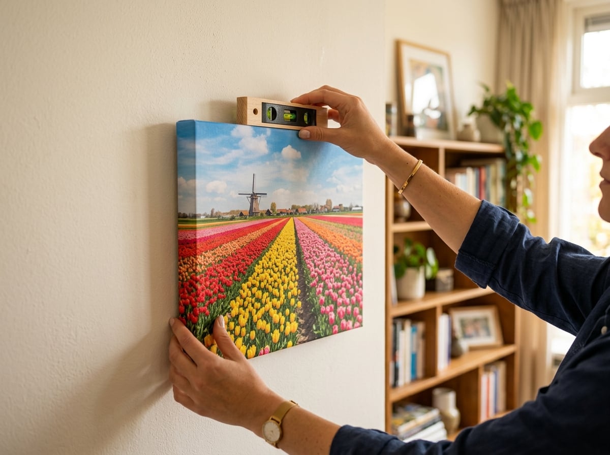 A close-up, detailed shot focusing on a person's hands carefully hanging a photo canvas on a living room wall. One hand holds the canvas steady while the other uses a small spirit level to ensure it is perfectly straight. The canvas itself shows a vibrant, colorful photo of a Dutch tulip field in full bloom. The mood is careful and satisfying.