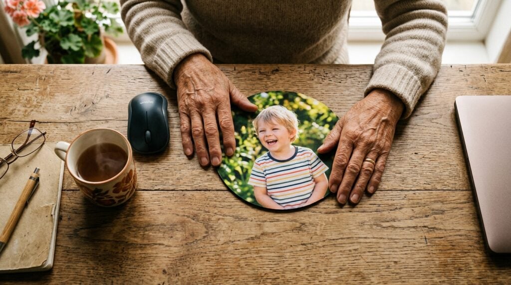 persoonlijke muismat maken - Een warme, sfeervolle overheadfoto van een houten bureau. De handen van een oudere persoon rusten zachtjes naast een gepersonaliseerde muismat waarop een heldere, vrolijke foto van een lachend kleinkind staat. Zacht ochtendlicht valt door een raam en creëert een serene sfeer. De focus ligt op de verbinding tussen de handen en de foto op de muismat.