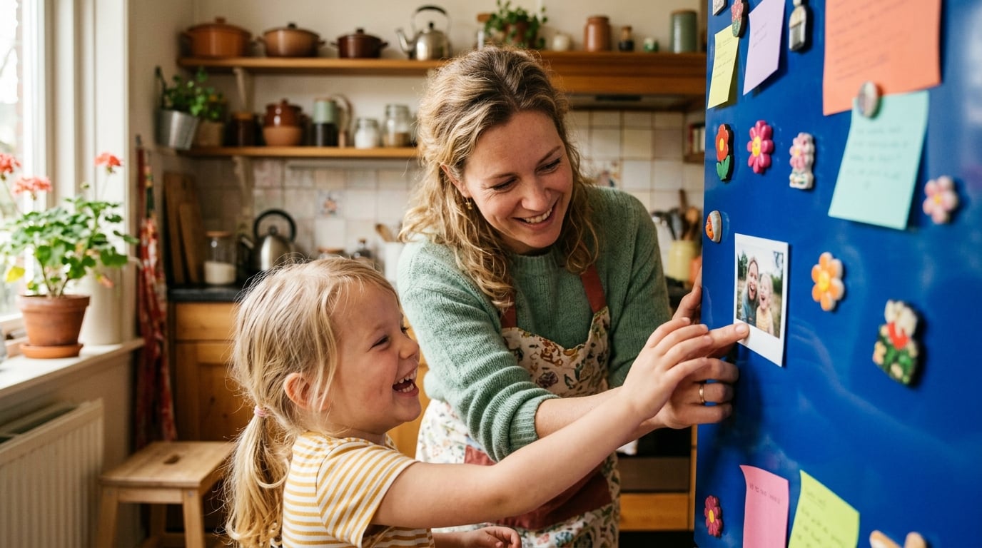 fotomagneten polaroid stijl - A warm, sunlit Dutch kitchen. A mother and her young child are laughing together as they place a small, Polaroid-style photo magnet onto a colourful refrigerator door. The focus is on their hands and the happy interaction.