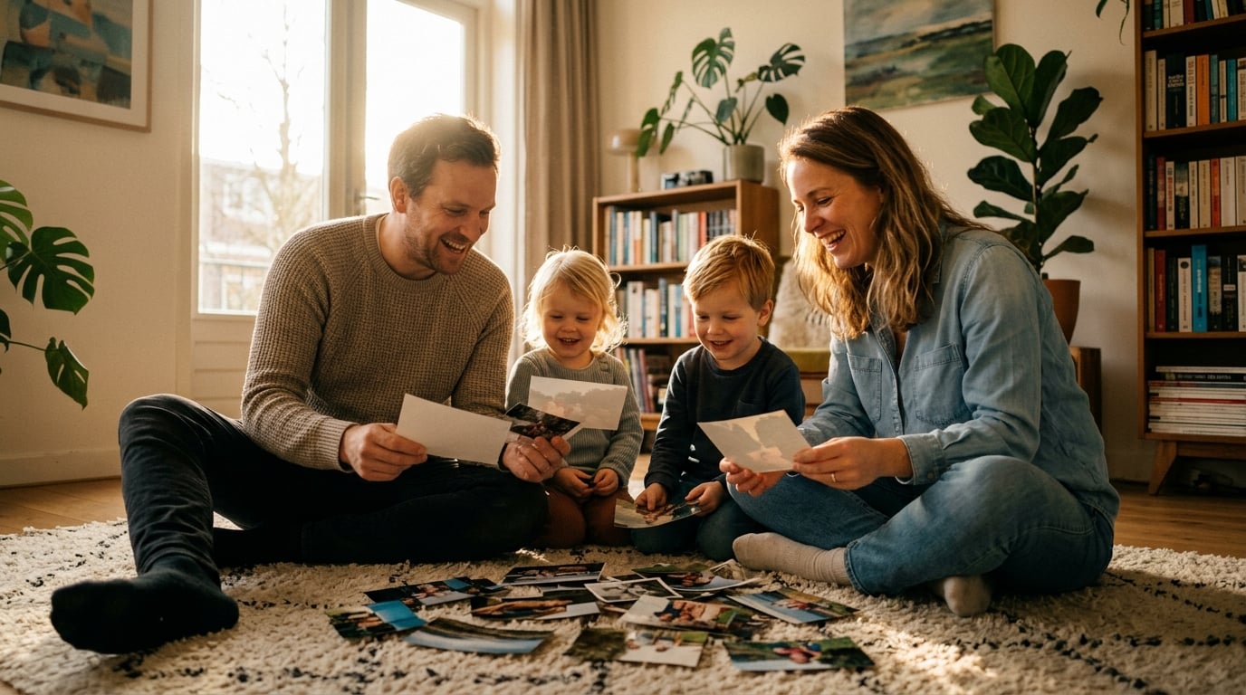 fotoboek maken na zomervakantie - A Dutch family with parents in their 30s and two young children are sitting together on a cozy living room floor with warm, golden sunlight streaming in. They are happily looking through a scattered pile of physical photo prints, reminiscing. The atmosphere is warm, loving, and nostalgic. No text is visible on any of the photos.