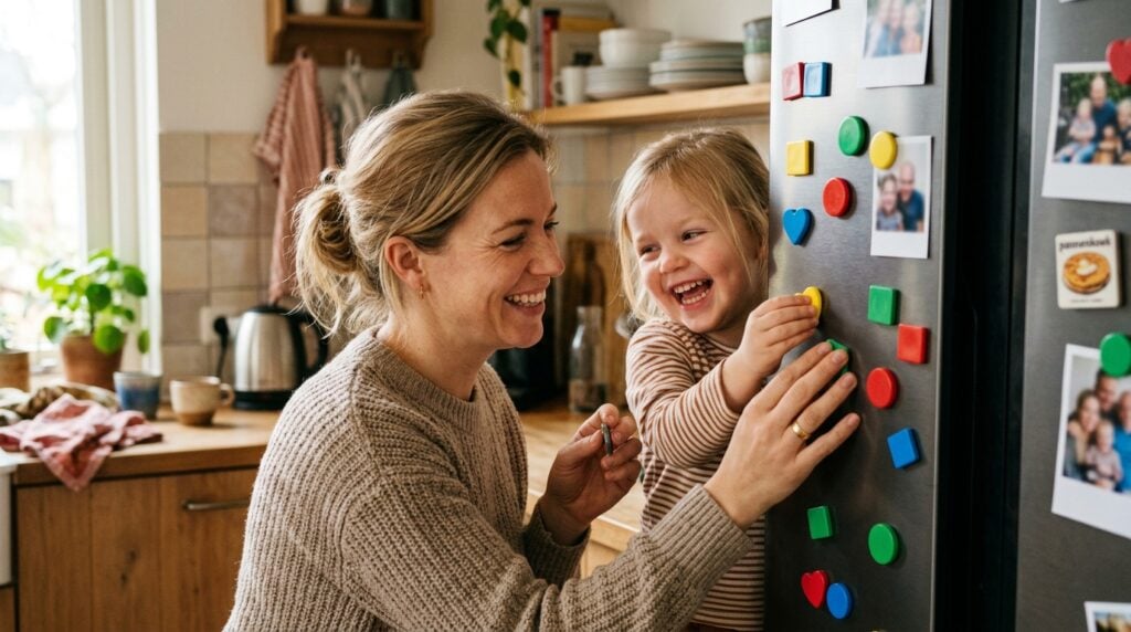 gepersonaliseerde koelkastmagneten maken - A warm, cozy Dutch kitchen with soft morning light. A mother and her young child are laughing together as they arrange colorful photo magnets on a modern refrigerator. The focus is on their hands and happy expressions, not the specific photos. The overall mood is one of 'gezelligheid' and family connection. No text or writing is visible anywhere.