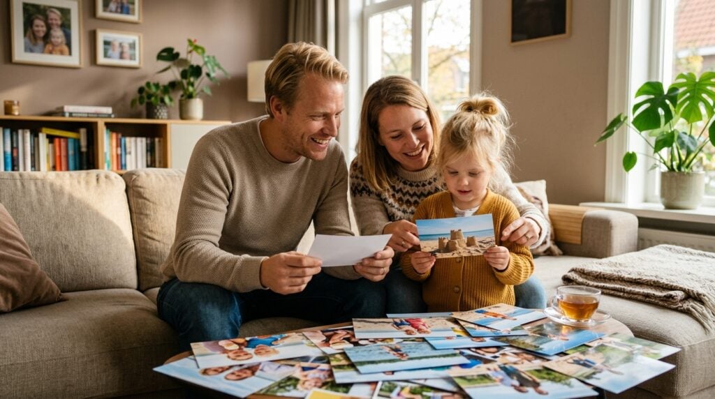 foto's afdrukken herfst - A Dutch family with a young child sits together on a cozy, warm-toned sofa in a living room filled with soft autumn light. They are smiling as they look through a scattered pile of freshly printed summer photos showing beach scenes and sunny days. The mood is warm, nostalgic, and happy.