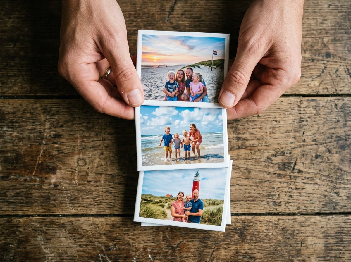 Close-up, top-down view of a pair of hands holding a small stack of Polaroid-style photo magnets. The photos on the magnets show vibrant, happy family moments from a summer beach holiday in the Netherlands. The background is a rustic wooden table.