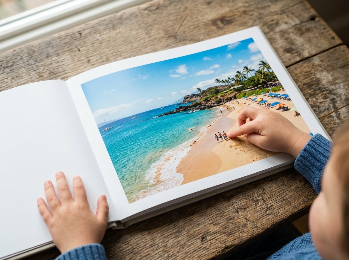 A close-up, top-down view of a child's small hands pointing to a picture in a high-quality, open layflat photobook on a rustic wooden table. The photo inside the book shows a vibrant, sunny beach scene with clear blue water. The focus is on the interaction between the child and the cherished memory in the book.