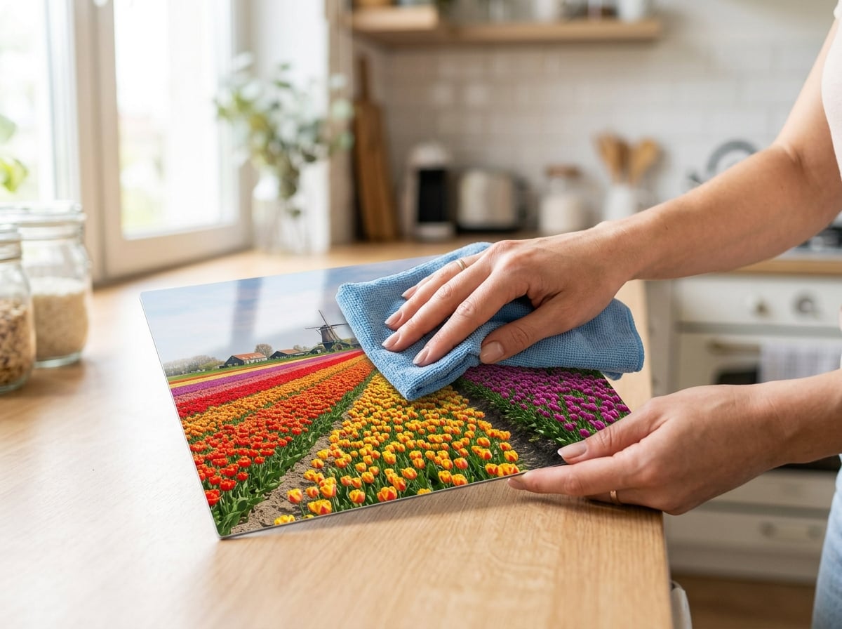 A close-up shot of a woman's hands gently wiping a smaller, glossy metal print of a colourful Dutch tulip field with a soft microfiber cloth. The setting is a bright, clean kitchen, subtly showing the print's suitability for that environment. The reflection on the print's surface is soft and abstract.