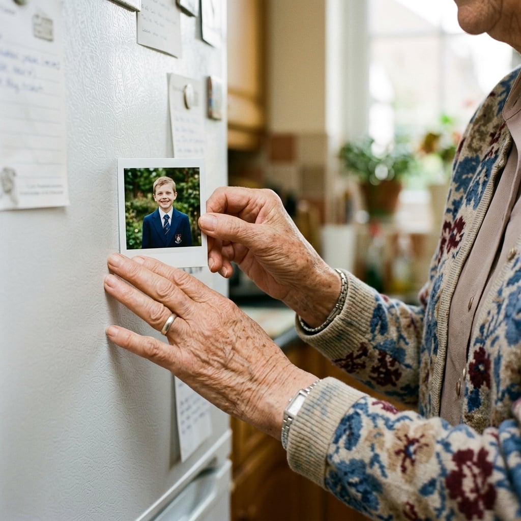 The gentle, wrinkled hands of a grandparent lovingly touching a new Polaroid-style photo magnet on their fridge. The photo on the magnet shows their grandchild smiling proudly in a new school uniform. The mood is heartwarming and full of affection.