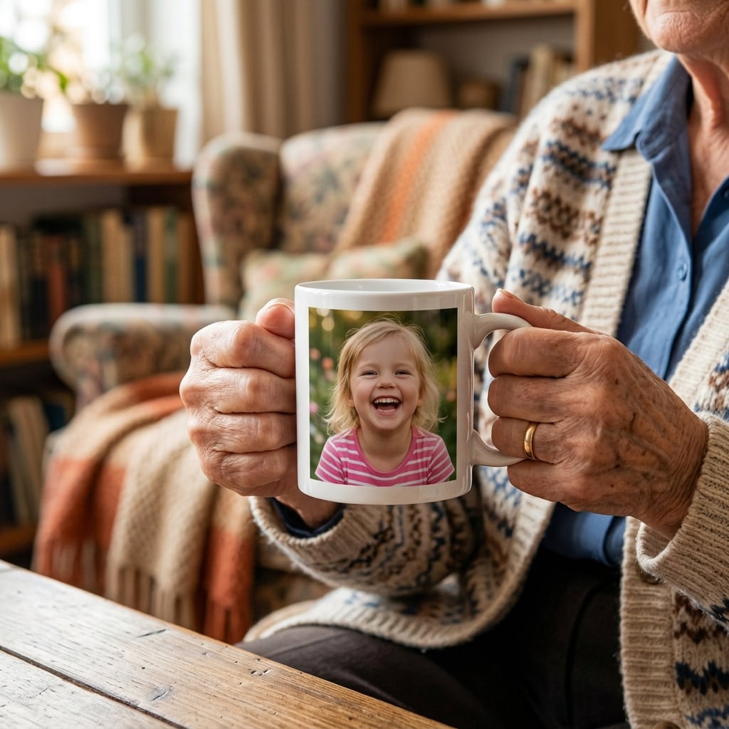 An elderly woman's hands are gently holding a white ceramic mug. On the mug is a clear, heartwarming photo of her laughing grandchild. The background is a soft-focus, cozy home interior. The image evokes a sense of warmth, connection, and treasured family bonds.
