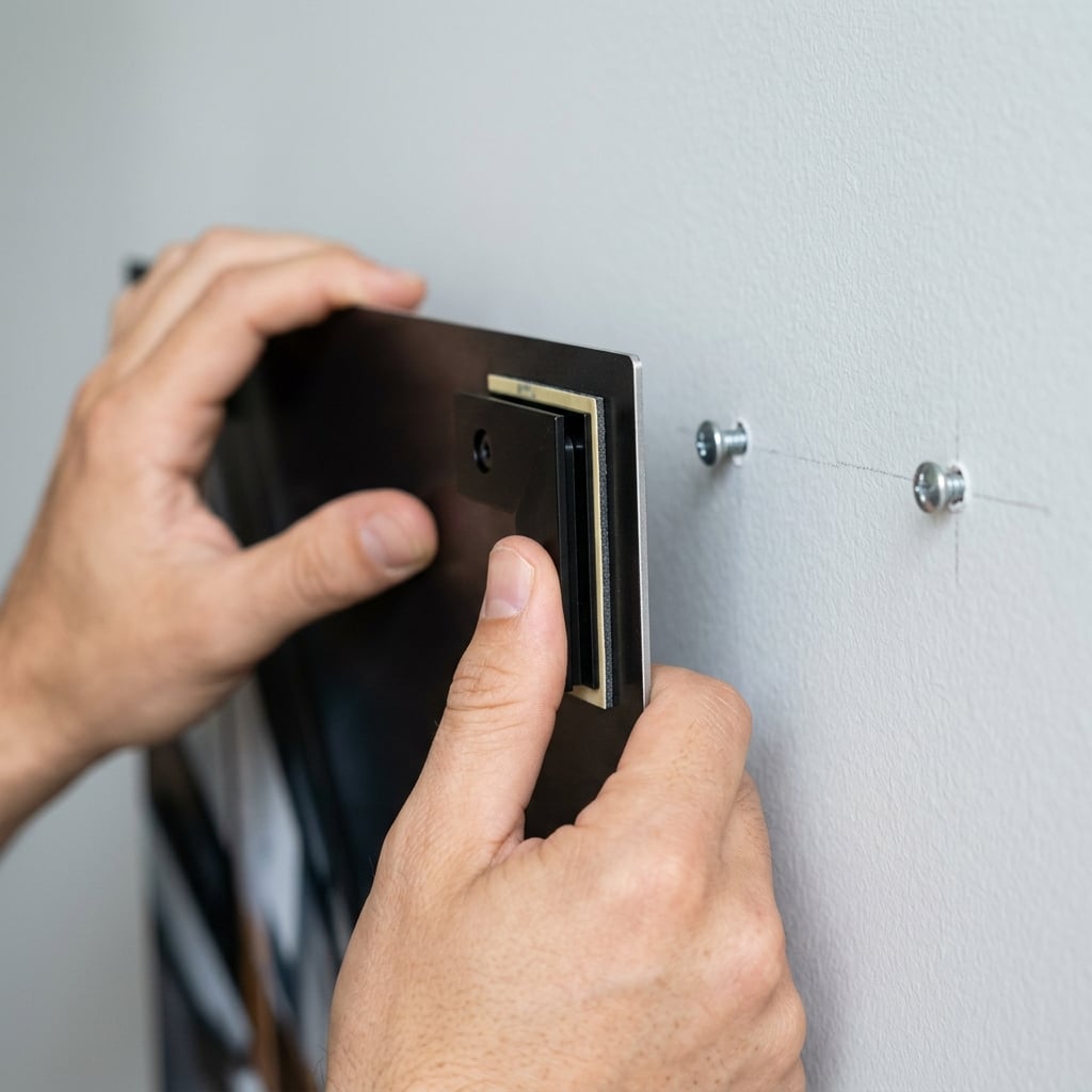 A tight, detailed shot focusing on the back corner of a metal print, clearly showing the pre-installed floating mount system. A pair of hands is holding the print, about to place it on a wall where two level screws are already visible. This image demystifies the hanging process in a clean, minimalist style.