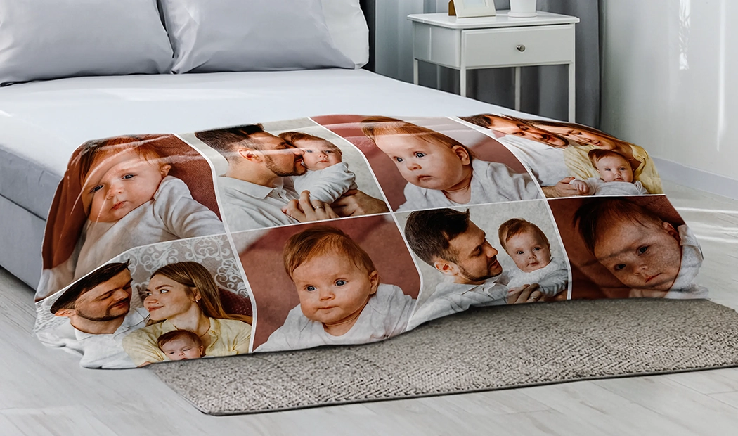 Mink Touch Fotodeken van Printerpix|Gepersonaliseerde Dekens|Grote fotodeken op tweepersoonsbed met foto van meisje|Fotodeken afbeelding met groottevergelijking|Fotodeken zwart-wit collage afbeelding