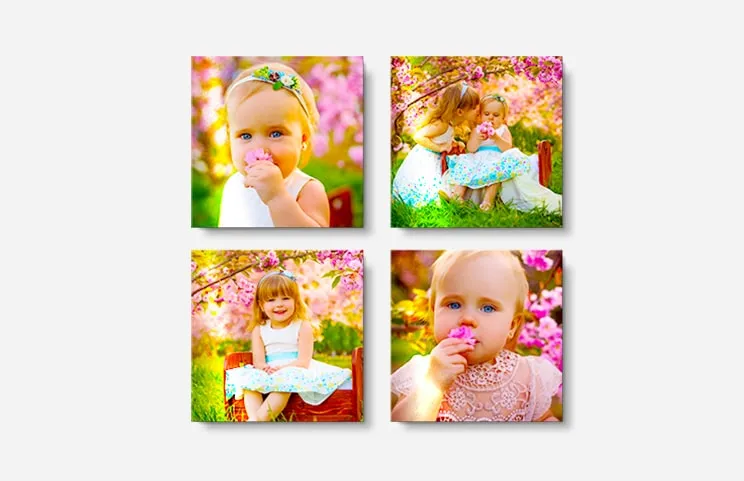 Vier metalen displaypaneel fotoprints met babyfoto's