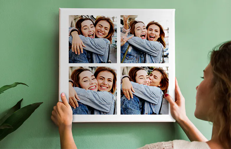 Collage canvas afdruk van twee verheugde vrouwelijke vrienden