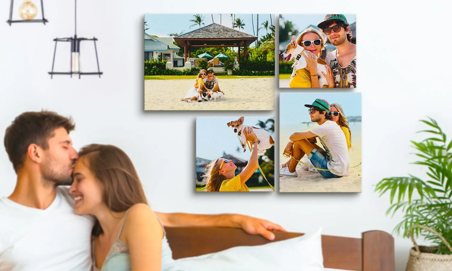Muur met 6 canvassen van verschillende grootte, voorzien van afmetingen, van verschillende familiefoto's