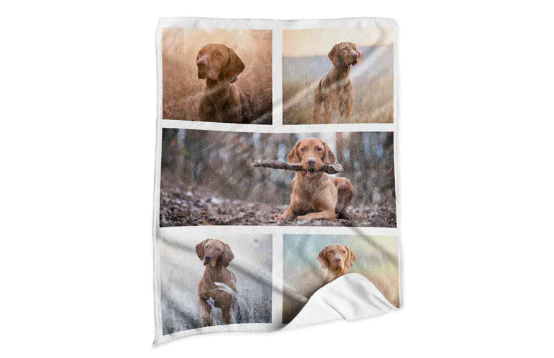 Close-up van printerpix gepersonaliseerde honden deken met fleece stof en foto van kind en hond