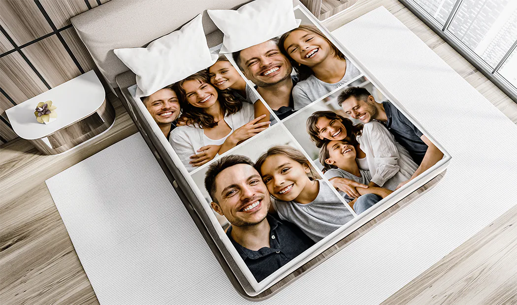 Mink Touch Fotodeken van Printerpix|Gepersonaliseerde Dekens|Grote fotodeken op tweepersoonsbed met foto van meisje|Fotodeken afbeelding met groottevergelijking|Fotodeken zwart-wit collage afbeelding