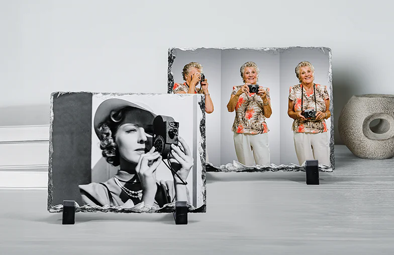 Stenen Foto Leisteen|Stenen leisteen met familiefoto|zijaanzicht van stenen leisteen met baby en moeder en vader|twee jonge mensen afgedrukt op een steen|Gepersonaliseerd cadeau Steen met afgedrukte afbeelding