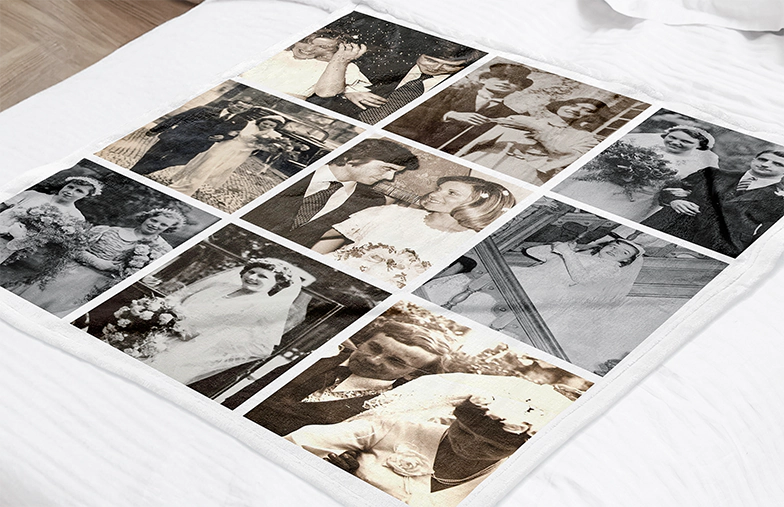 Mink Touch Fotodeken van Printerpix|Gepersonaliseerde Dekens|Grote fotodeken op tweepersoonsbed met foto van meisje|Fotodeken afbeelding met groottevergelijking|Fotodeken zwart-wit collage afbeelding
