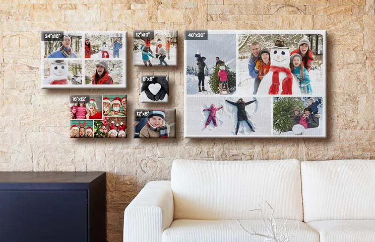 Fotocollage van vakantiefoto's op canvasprint aan de muur gehangen
