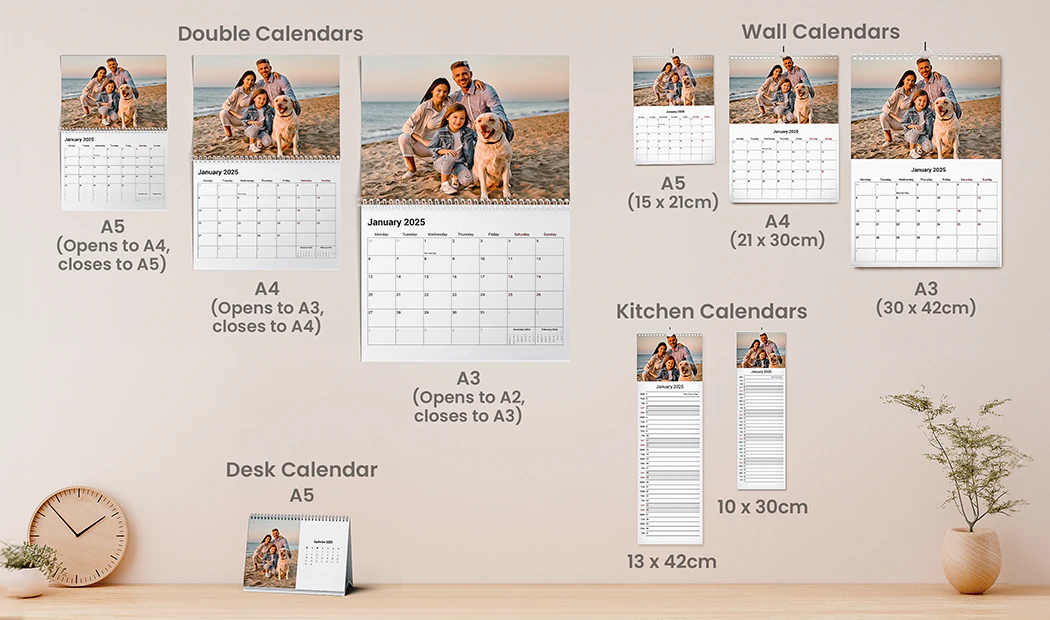 Gepersonaliseerde A3-A5 muur-, bureau- en keukenkalenders; met jouw foto's. Verkrijgbaar in verschillende maten.