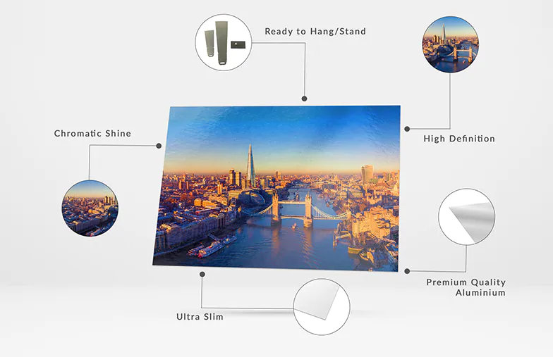 Verbluffende gepersonaliseerde print van de skyline van Londen op ultradun, premium aluminium. Hoge-definitie afbeelding met chromatische glans. Klaar om op te hangen.