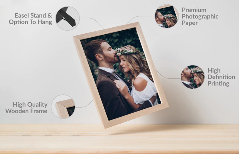 Gepersonaliseerde fotoprint in een hoogwaardige houten lijst, met ezelstandaard of ophangoptie. Premium papier en hoge-definitie print.