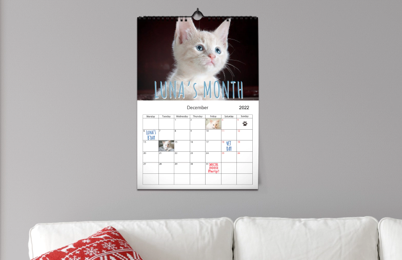 A3 wandkalender 2020 opgehangen met gepersonaliseerd fotodesign van printerpix