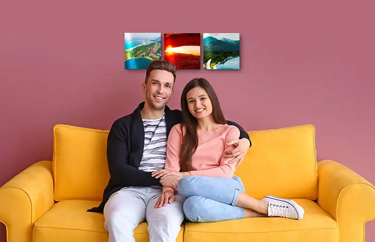 drie metalen displaypaneel fotoprints met landschapsfoto's