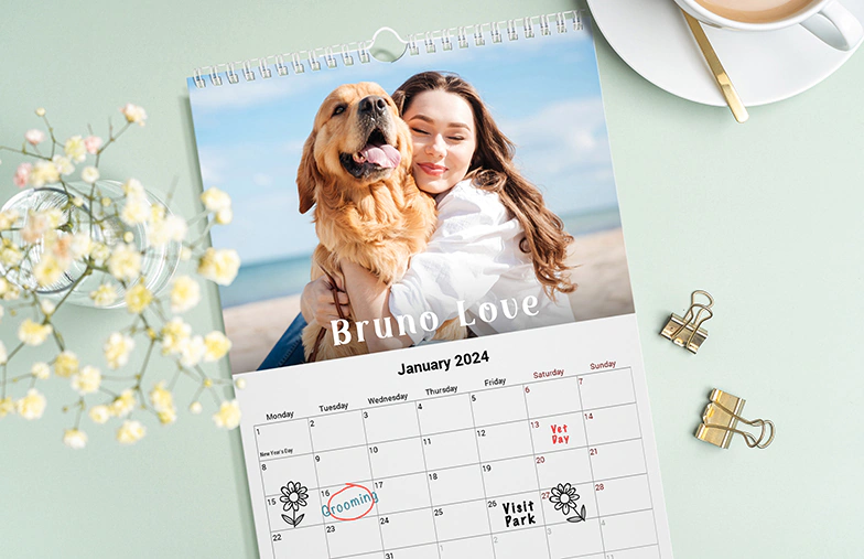 Romantisch stel in woonkamer met gepersonaliseerde 2020 wandkalender met aanzoekfoto