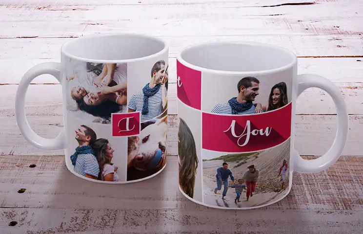 Twee op maat gemaakte fotomokken met romantische en familiethema afbeeldingen en tekst